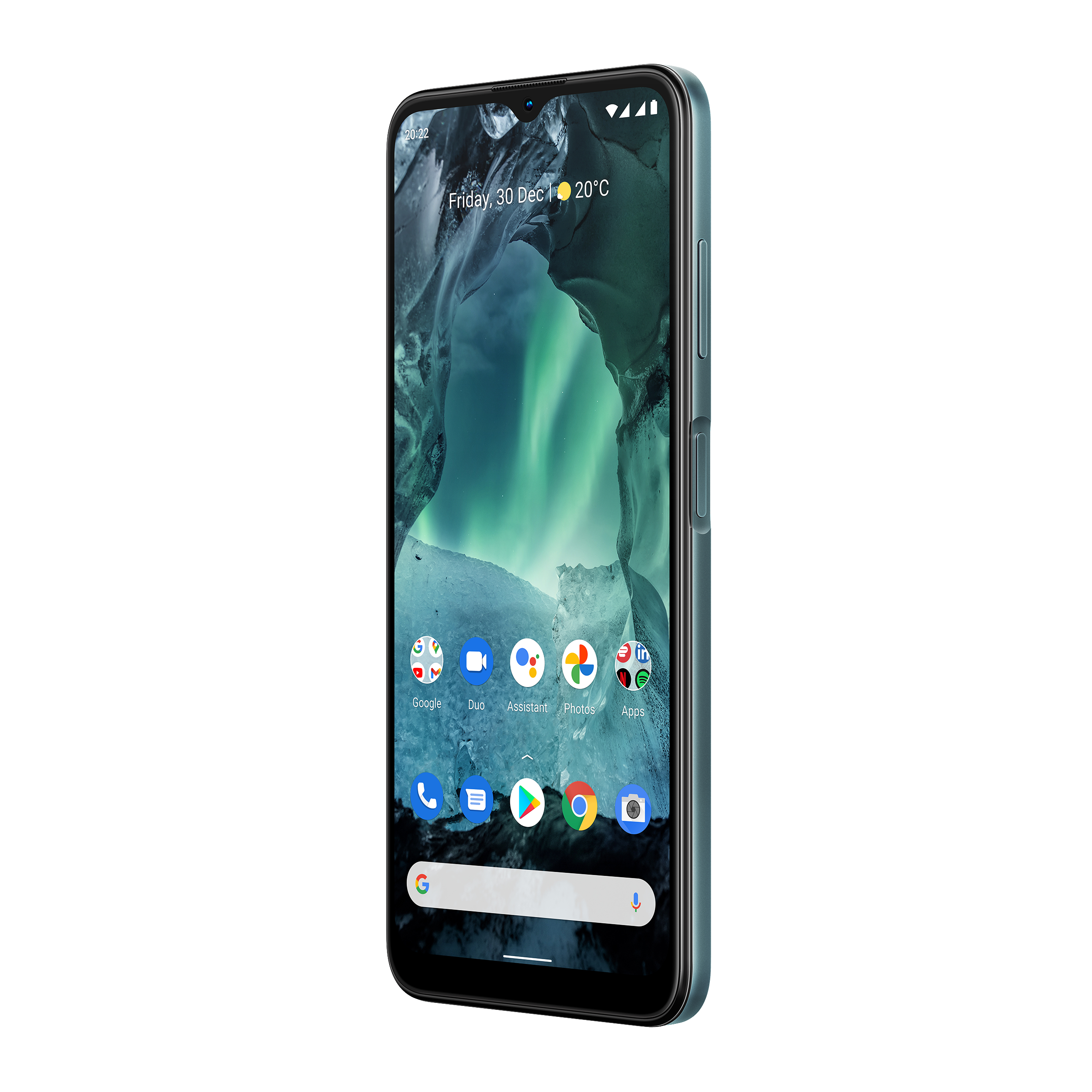 Smartphone mit Bildschirm, der eine Naturszene, Symbole und ein Datum zeigt.