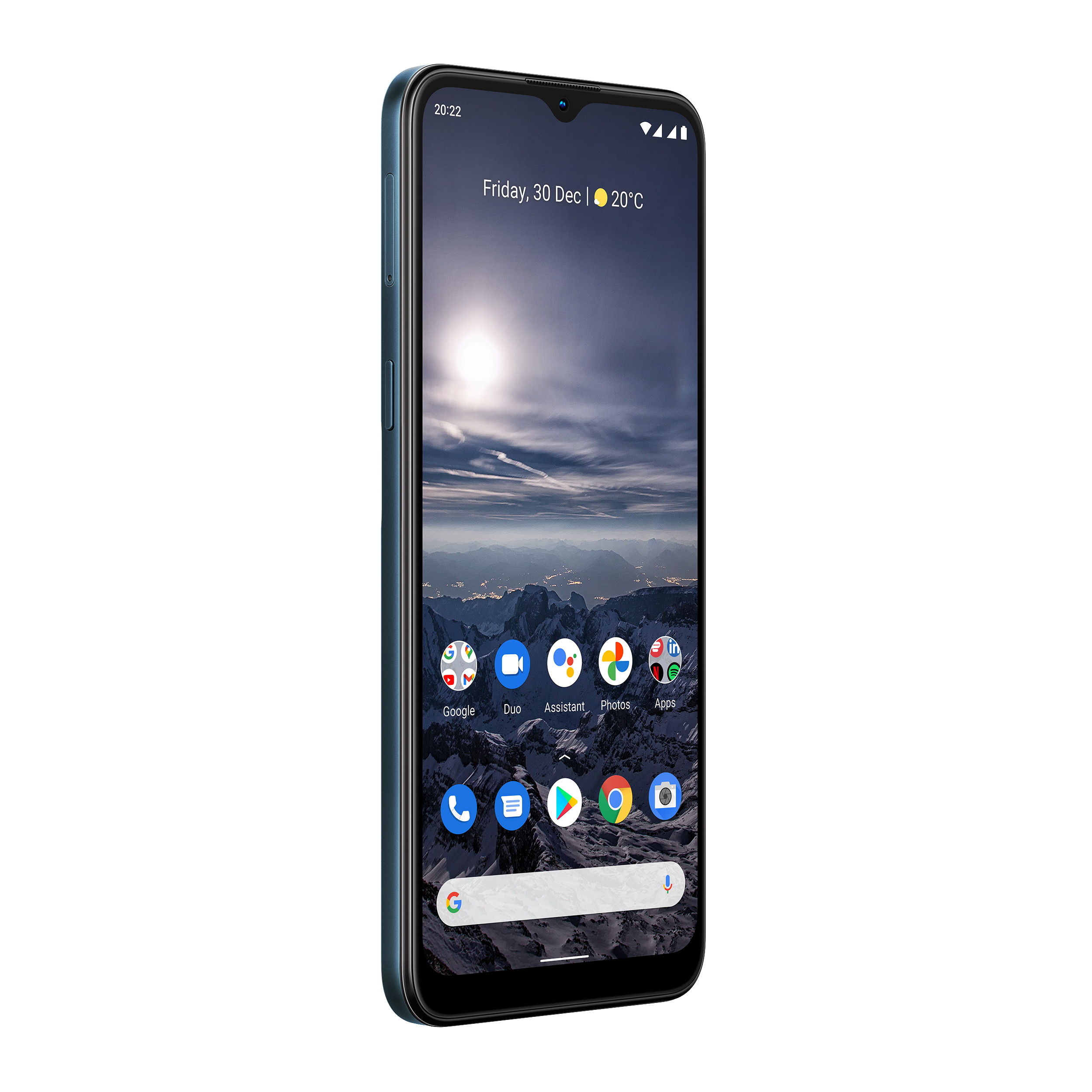 Smartphone, der eine Berglandschaft auf seinem Display zeigt, mit Datum und Uhrzeit oben.