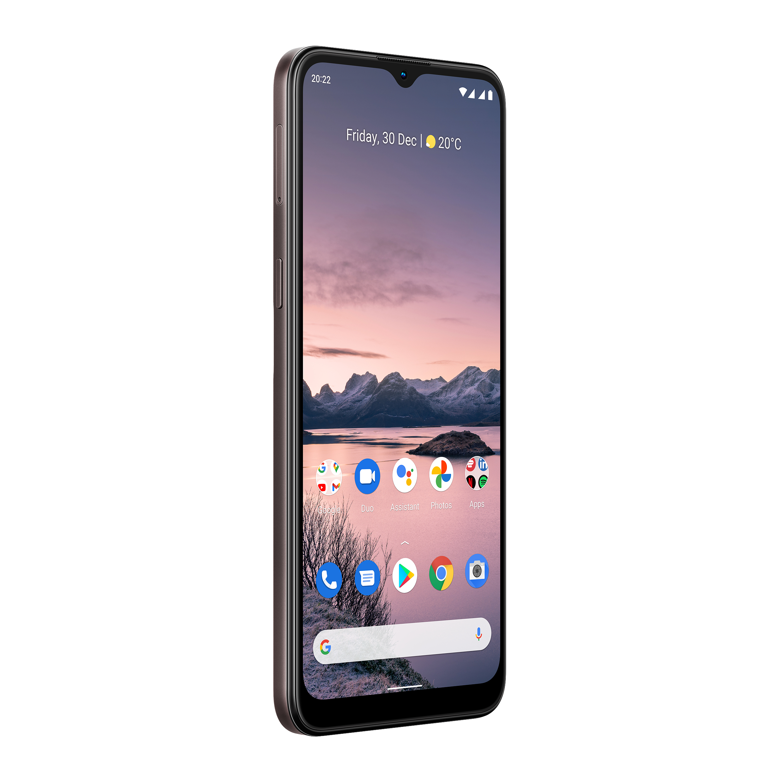 Telefon mit Bildschirm, der Landschaft und App-Symbole zeigt. Das Telefon ist braun.