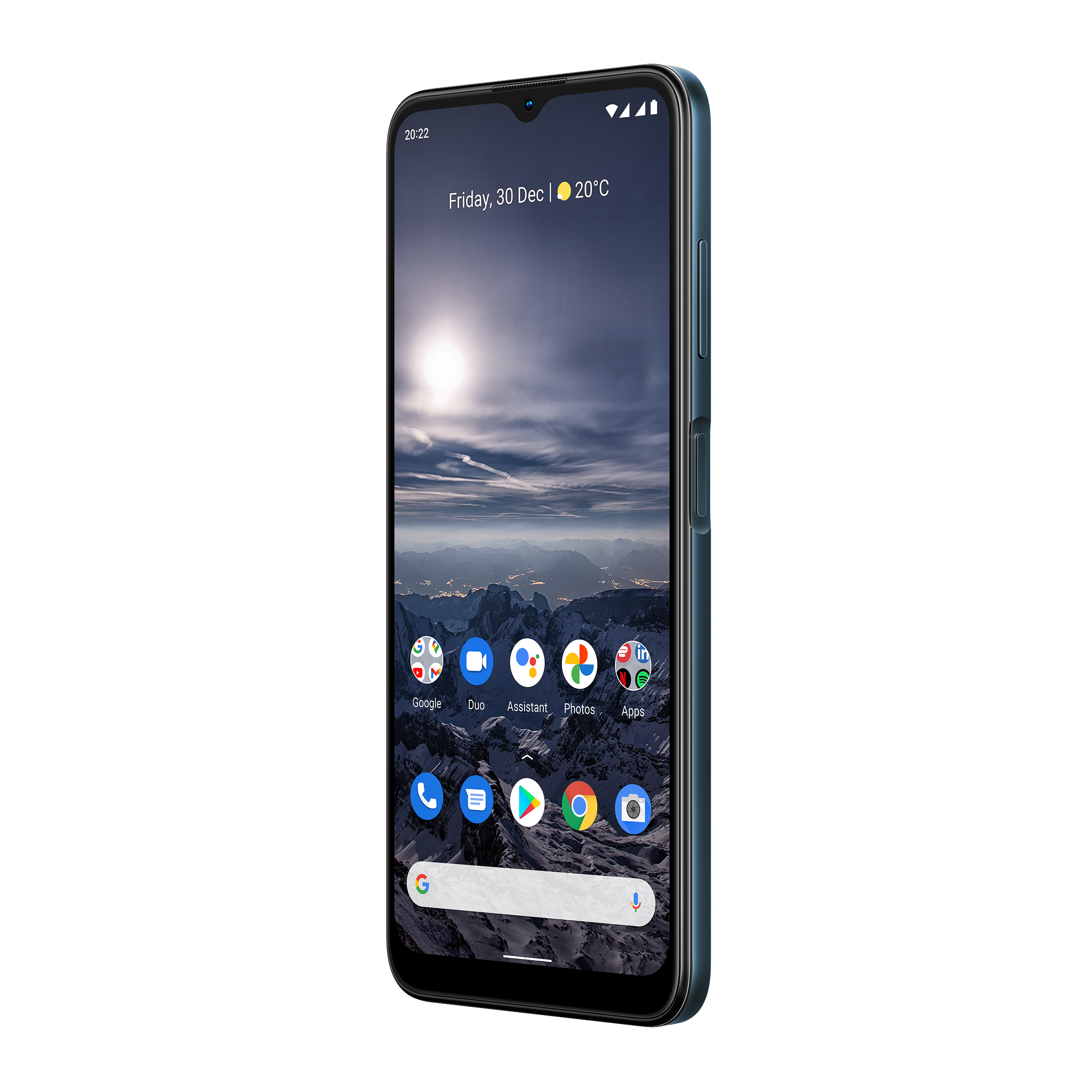Blaues Smartphone mit Bildschirm, der App-Symbole und Landschaft zeigt. Schwarzer Rahmen, weißer Hintergrund.