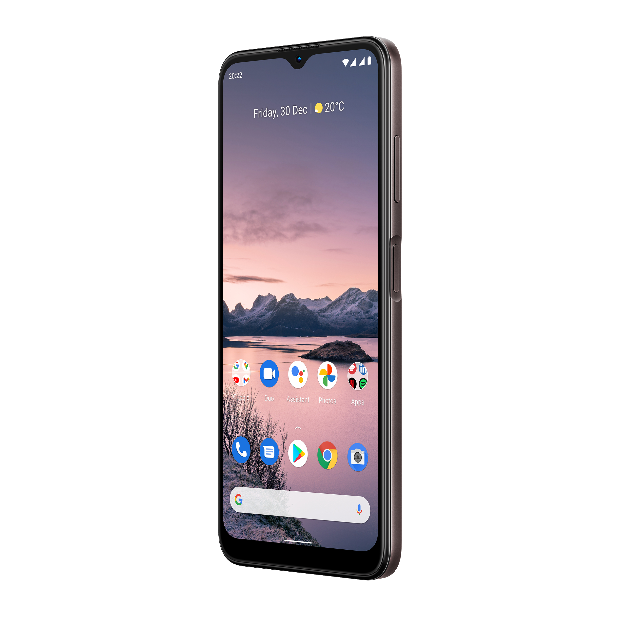 Ein schwarzes Smartphone mit Display, das eine Landschaft und App-Symbole zeigt. Die Uhrzeit ist 20:22.