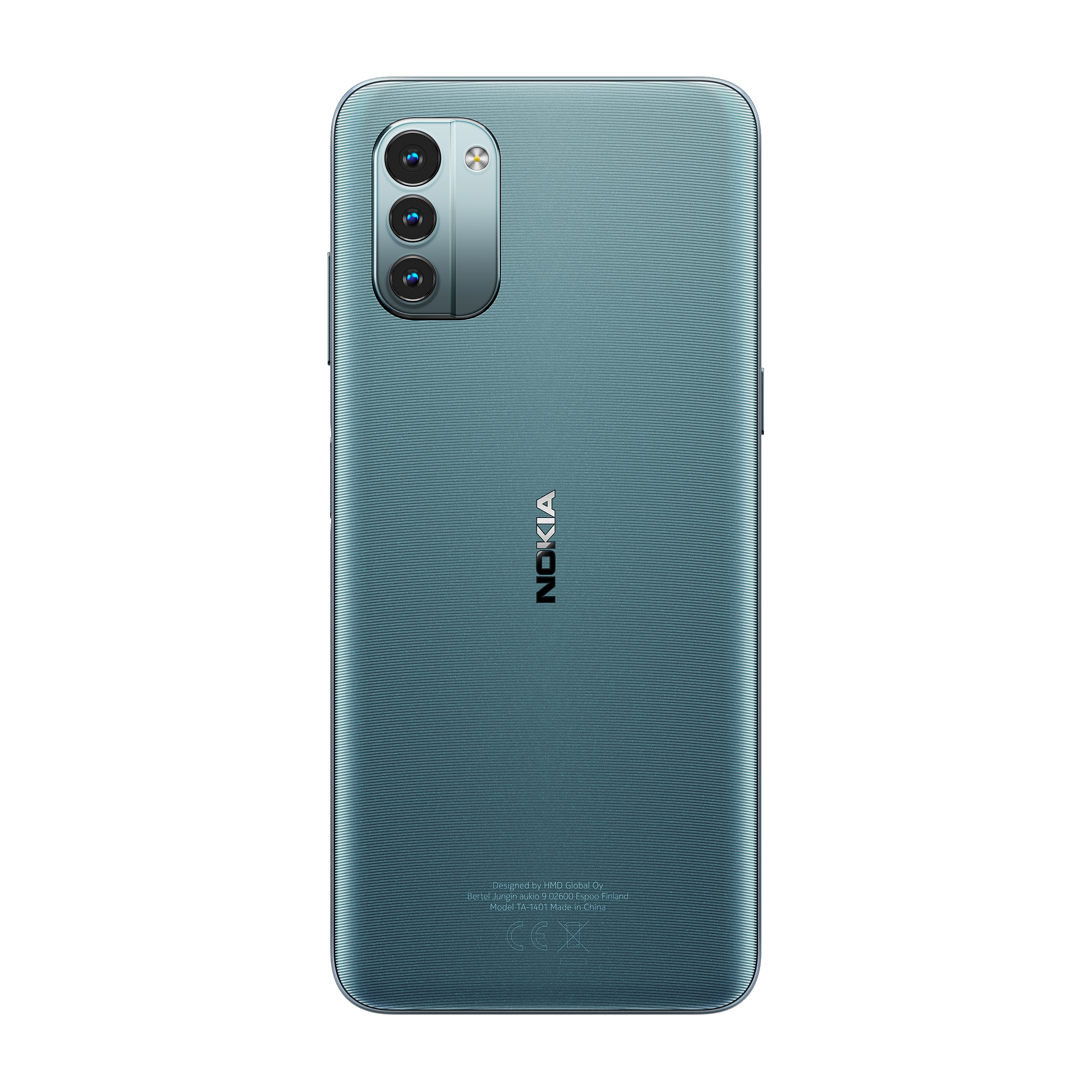 Grünes Nokia-Telefon, Rückansicht. Verfügt über eine Dreifachkamera und das Nokia-Logo.