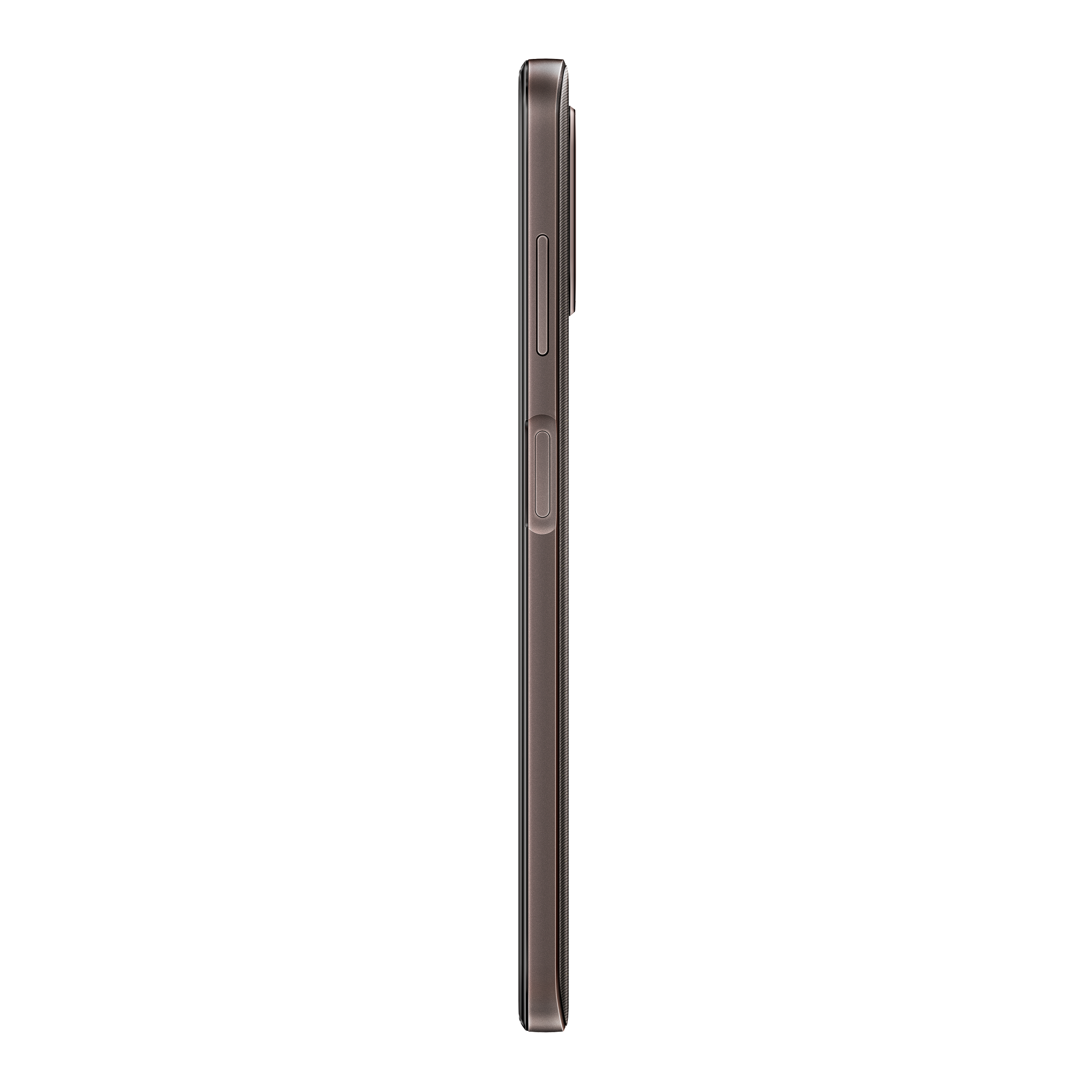 Smartphone, Seitenansicht, auf weißem Hintergrund. Bräunliche Farbe, Lautstärke- und Ein/Aus-Tasten sichtbar.
