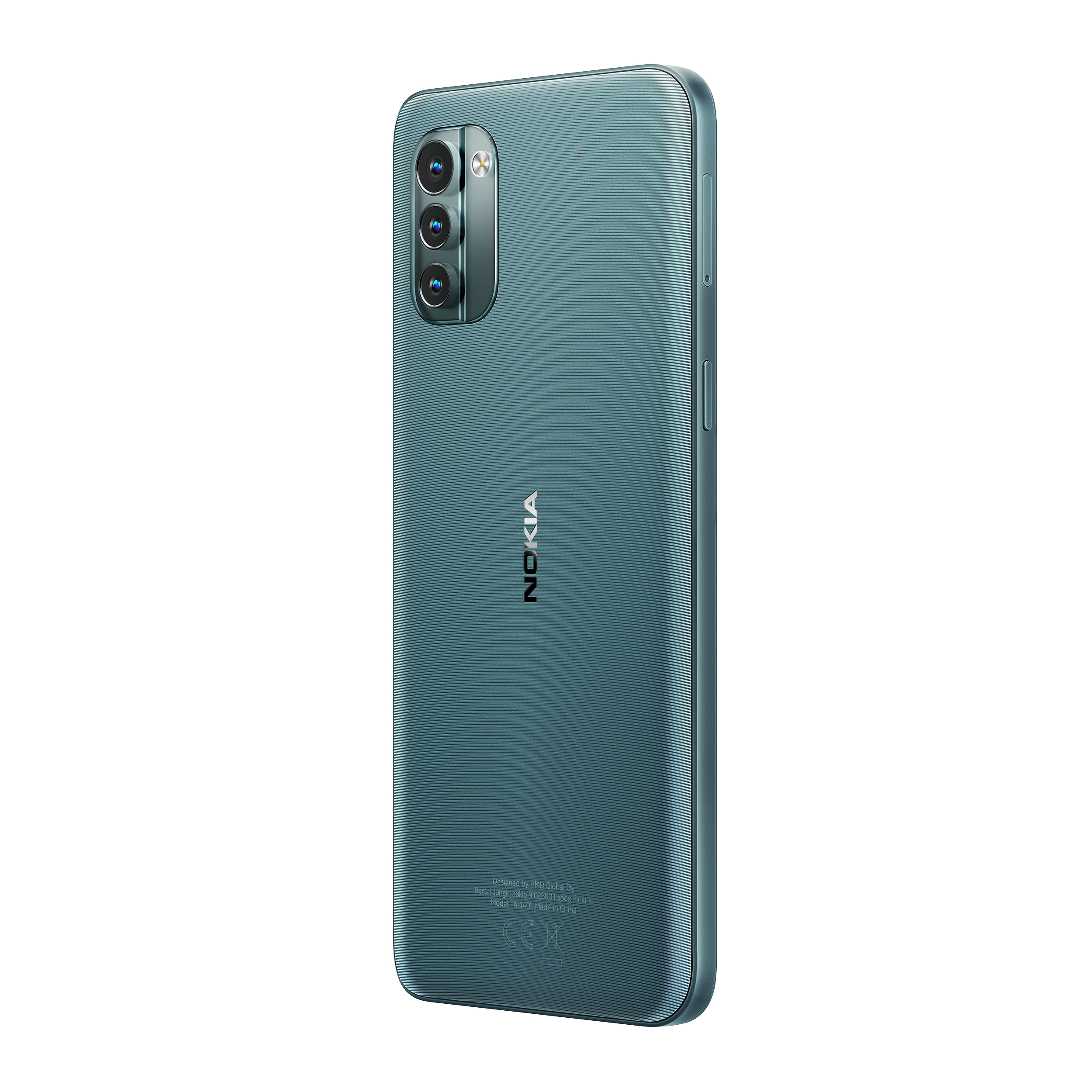 Türkisfarbenes Smartphone, Rückansicht. Dreifachkamera, Nokia-Logo. Strukturierte Oberfläche. Schwarzer Hintergrund.