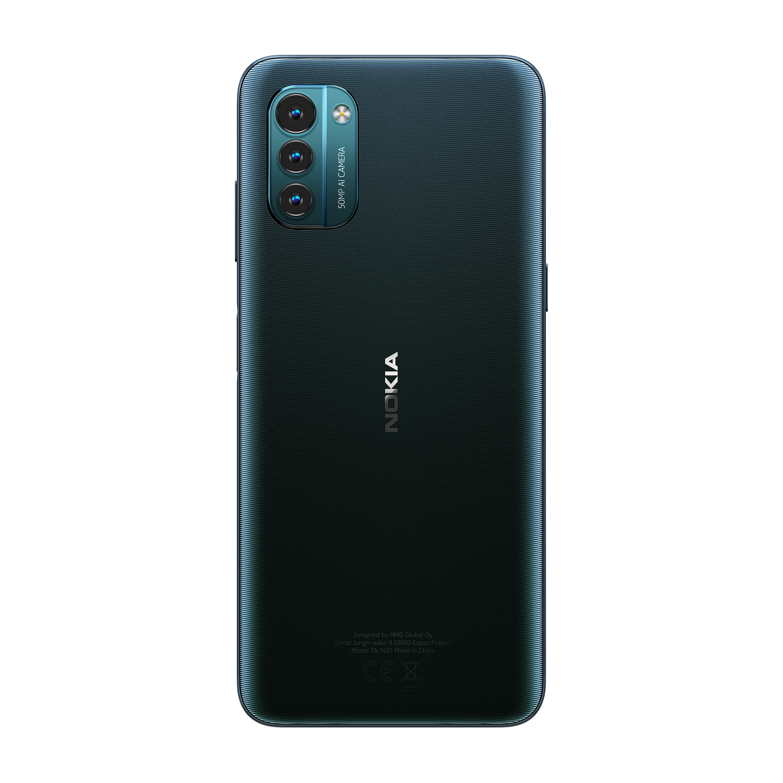 Rückseite eines teal-farbenen Telefons mit Kameralinsen und Logo.