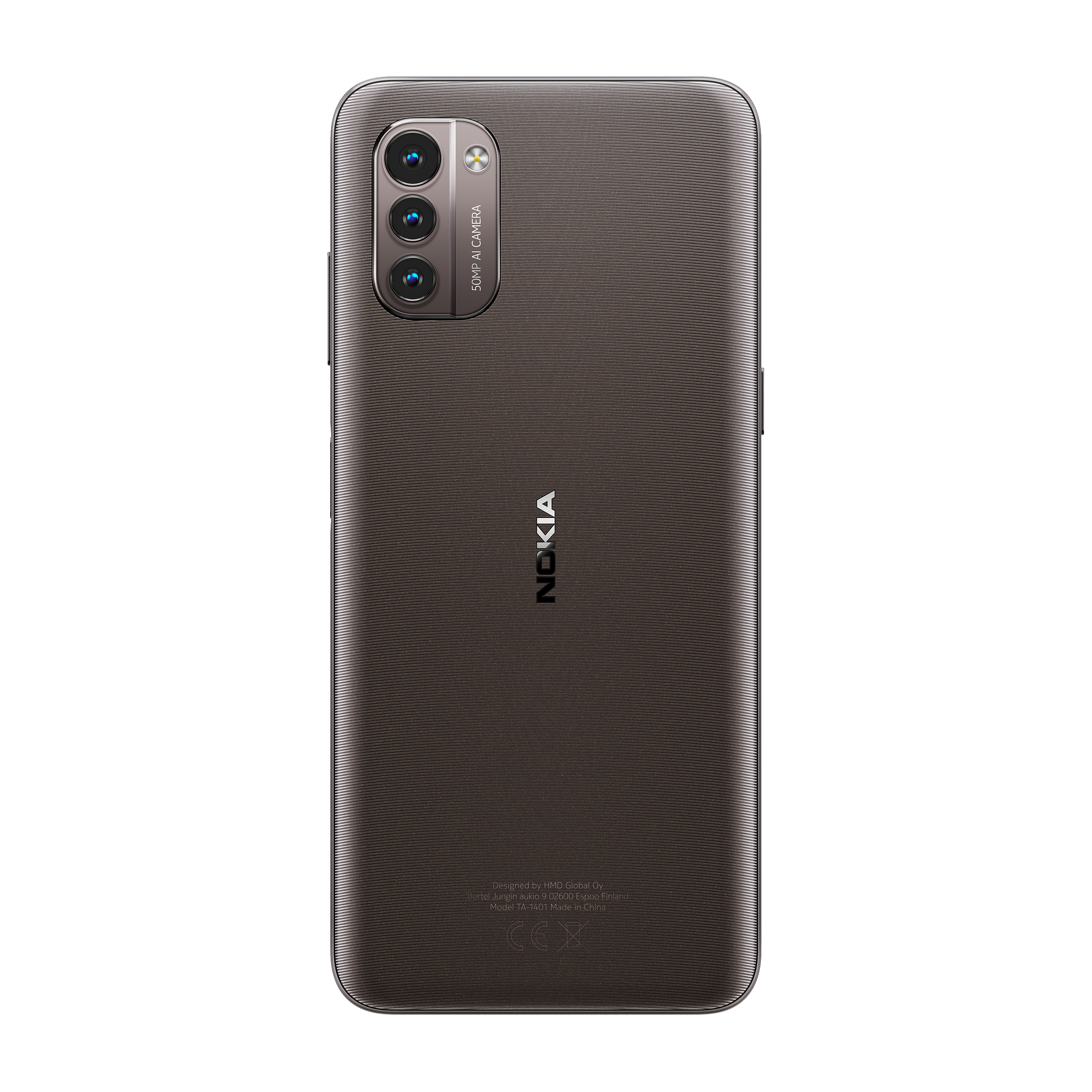 Rückansicht des Nokia-Telefons. Dunkelgraue Farbe, Dreifachkamera, Nokia-Logo.