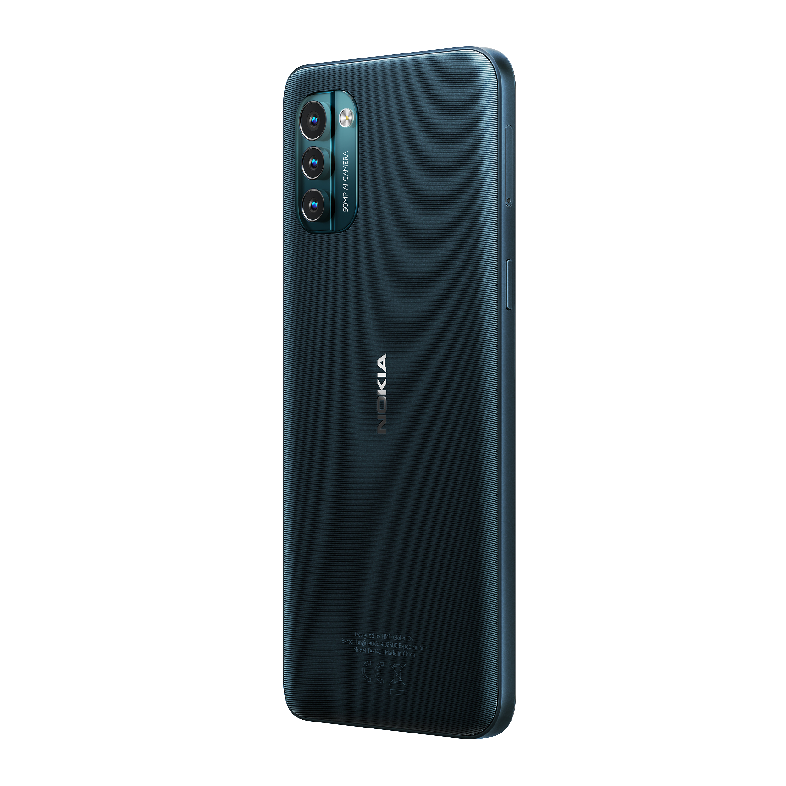 Dunkelblaues Nokia-Telefon. Drei Rückkameras, strukturierte Rückseite, Nokia-Logo.