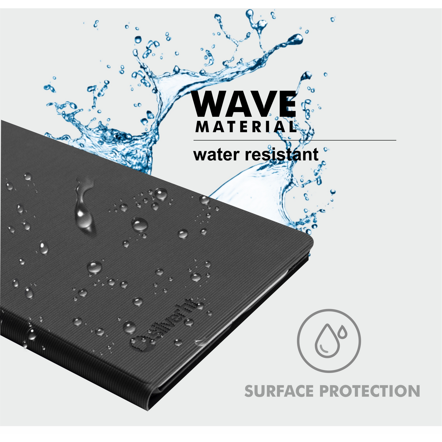 Funda negra resistente al agua con gotas de agua y texto.