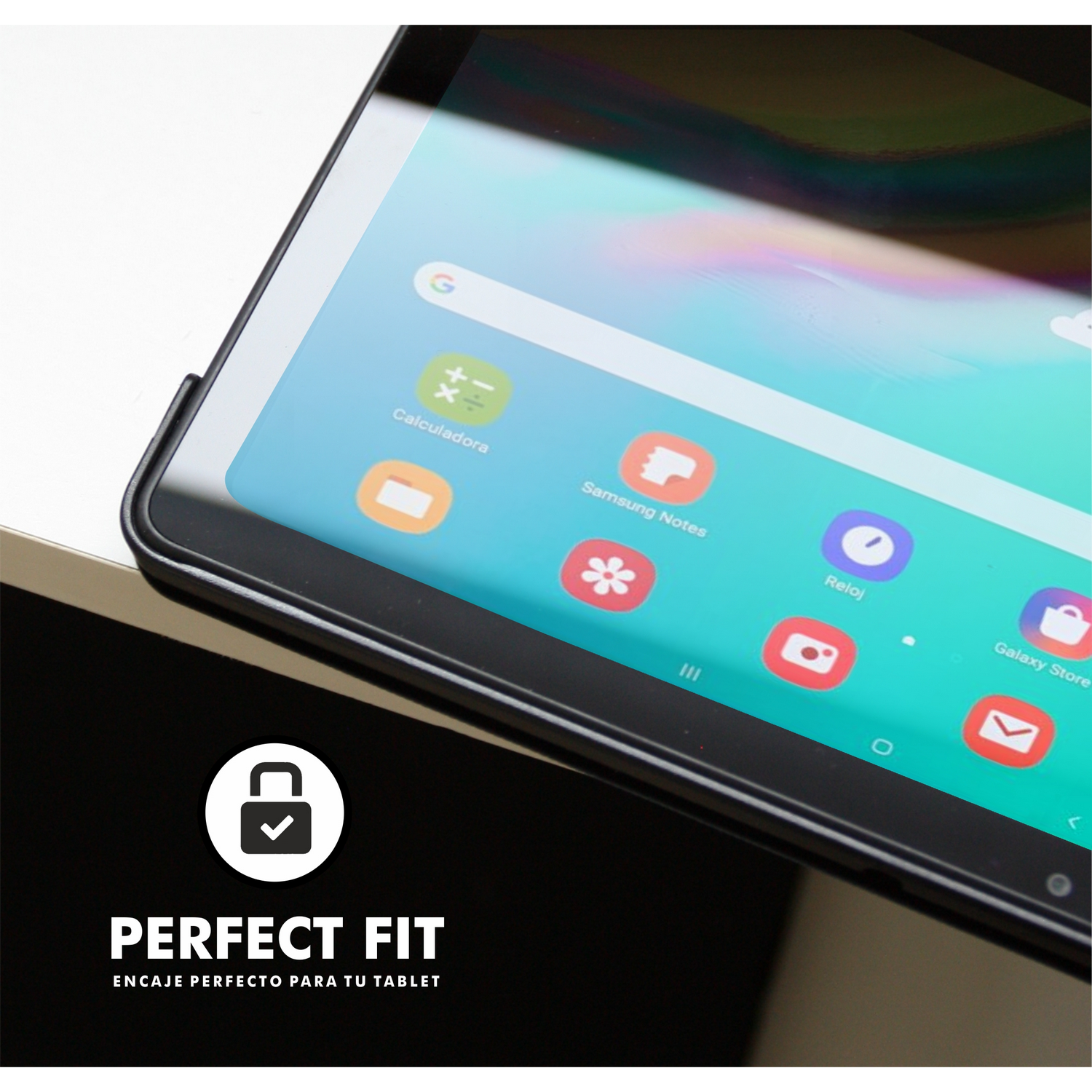 Una tableta en una funda negra, que muestra aplicaciones y las palabras 'PERFECT FIT'.