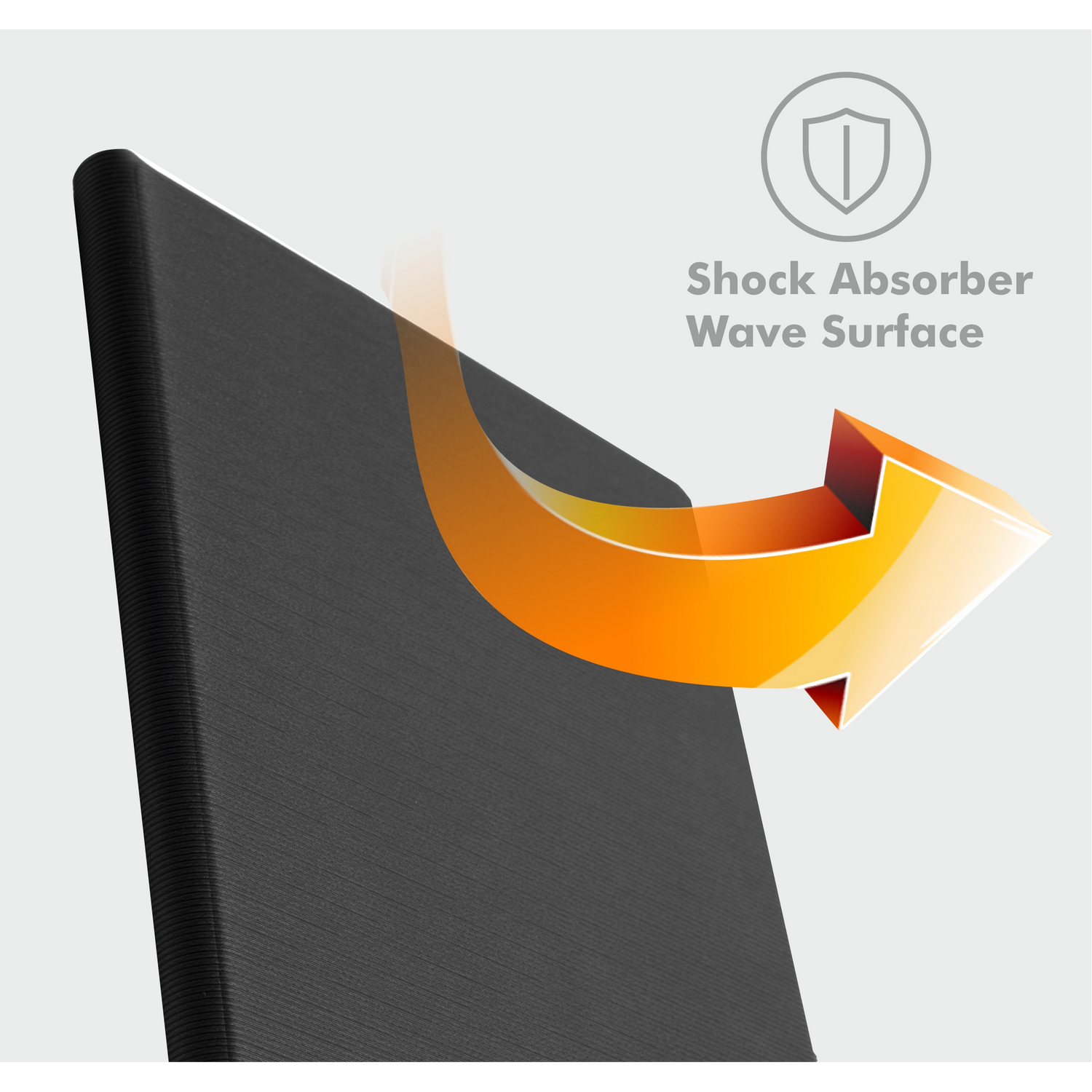 Panel negro con un gráfico de flecha naranja y texto: Shock Absorber Wave Surface.
