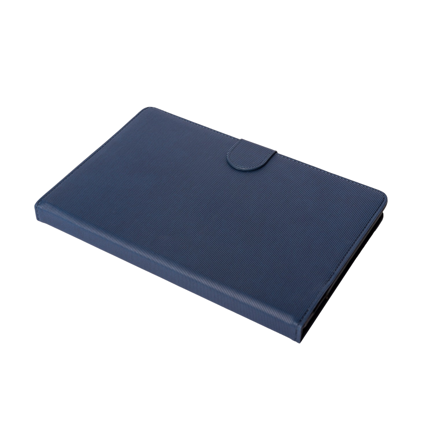 Funda azul de tableta, cerrada, con cierre de botón, sobre fondo negro. Vista en ángulo.
