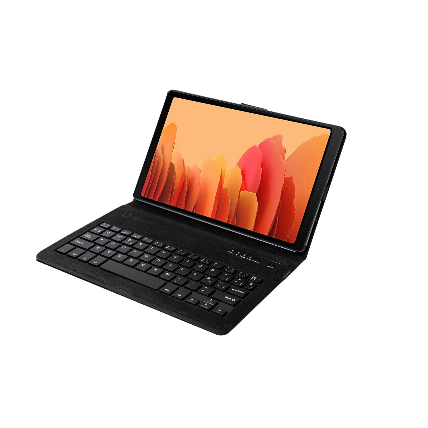 Tableta con funda con teclado, abierta, mostrando la pantalla. Fondo negro.