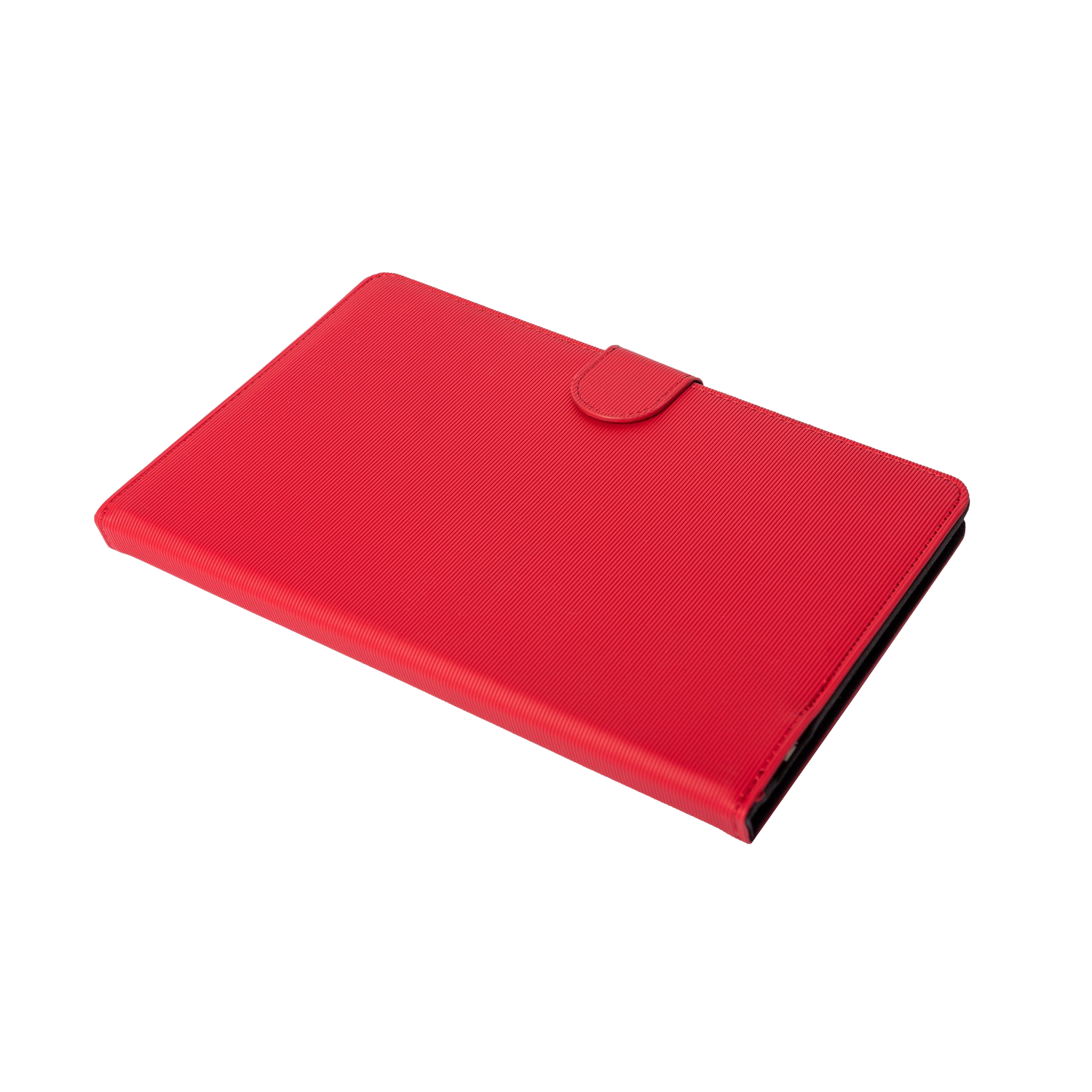 Funda de tableta roja sobre fondo negro. La funda está cerrada, con una solapa sujeta por un botón.