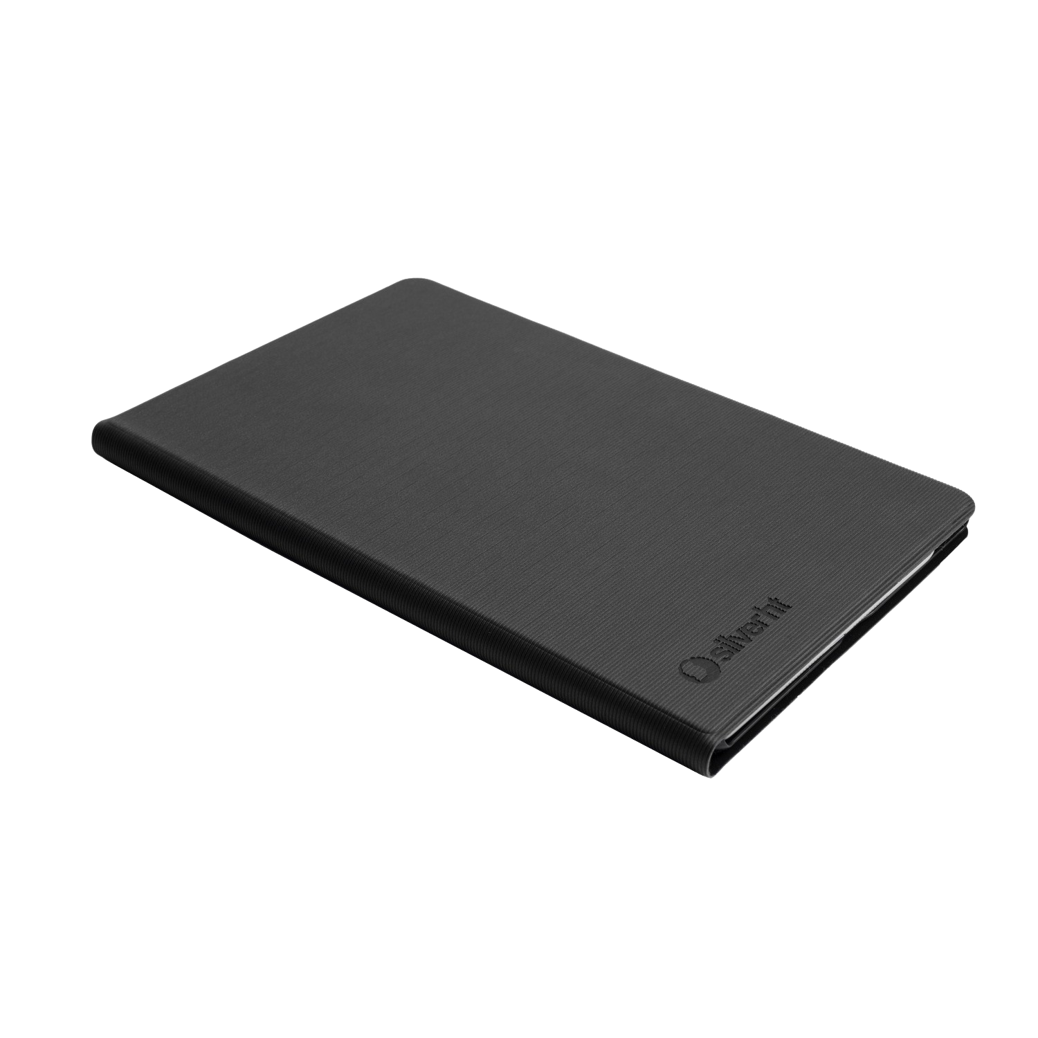 Una funda negra para tableta SilverFit sobre un fondo negro.