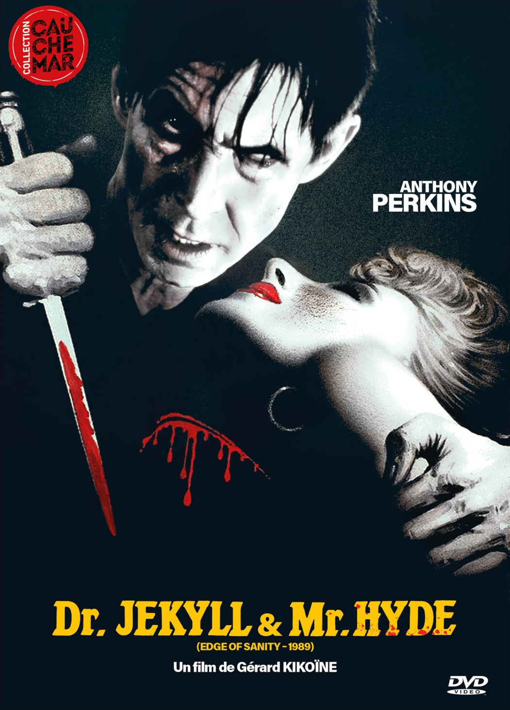 Affiche de film : Dr. Jekyll & Mr. Hyde, un homme tenant un couteau ensanglanté au-dessus du visage d'une femme.