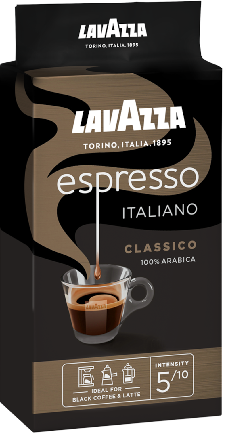 Lavazza espresso kávé zacskó espresso csészével és 'espresso italiano classico' szöveggel.