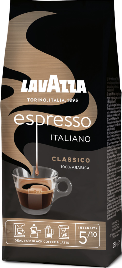 Fekete kávés zacskó. Espresso Italiano. Átlátszó csésze kávéval. 100% Arabica. Intenzitás 5/10.