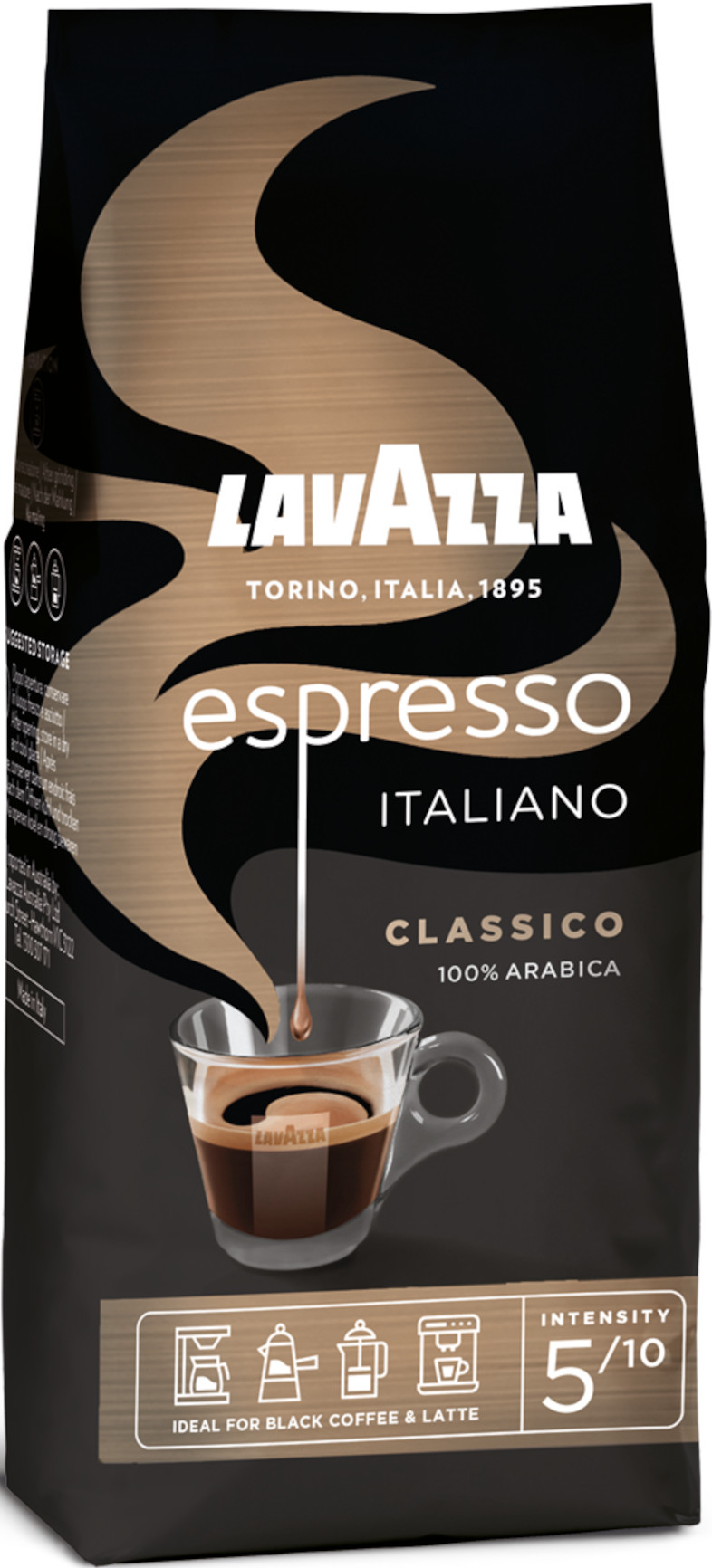 Egy fekete kávézacskó 'Lavazza espresso Italiano' felirattal és kávéscsésze képpel.