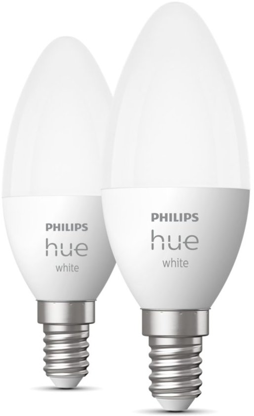 Deux ampoules blanches Philips Hue. Ampoules en forme d'oeuf, base argentée et nom de la marque.