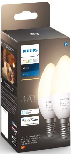 Emballage d'ampoules Philips Hue. Deux ampoules blanches sont visibles sur le côté droit de la boîte.