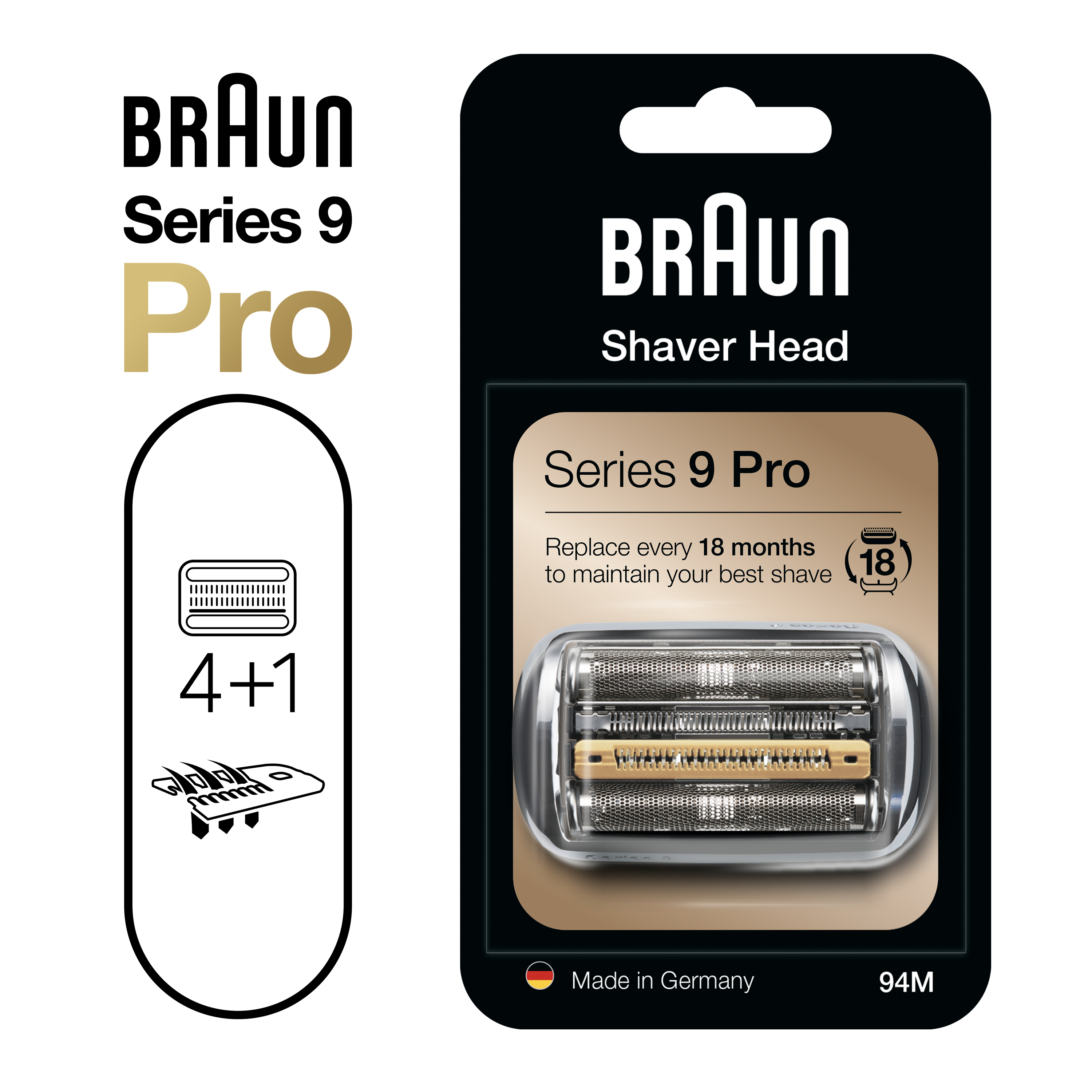 Braun Series 9 Pro borotvafej csomagolása. Megmutatja a fejet és a cserére vonatkozó információkat.