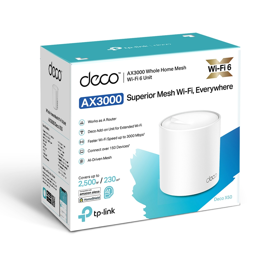 White TP-Link Deco X50 Wi-Fi 6 mesh router with box and text.