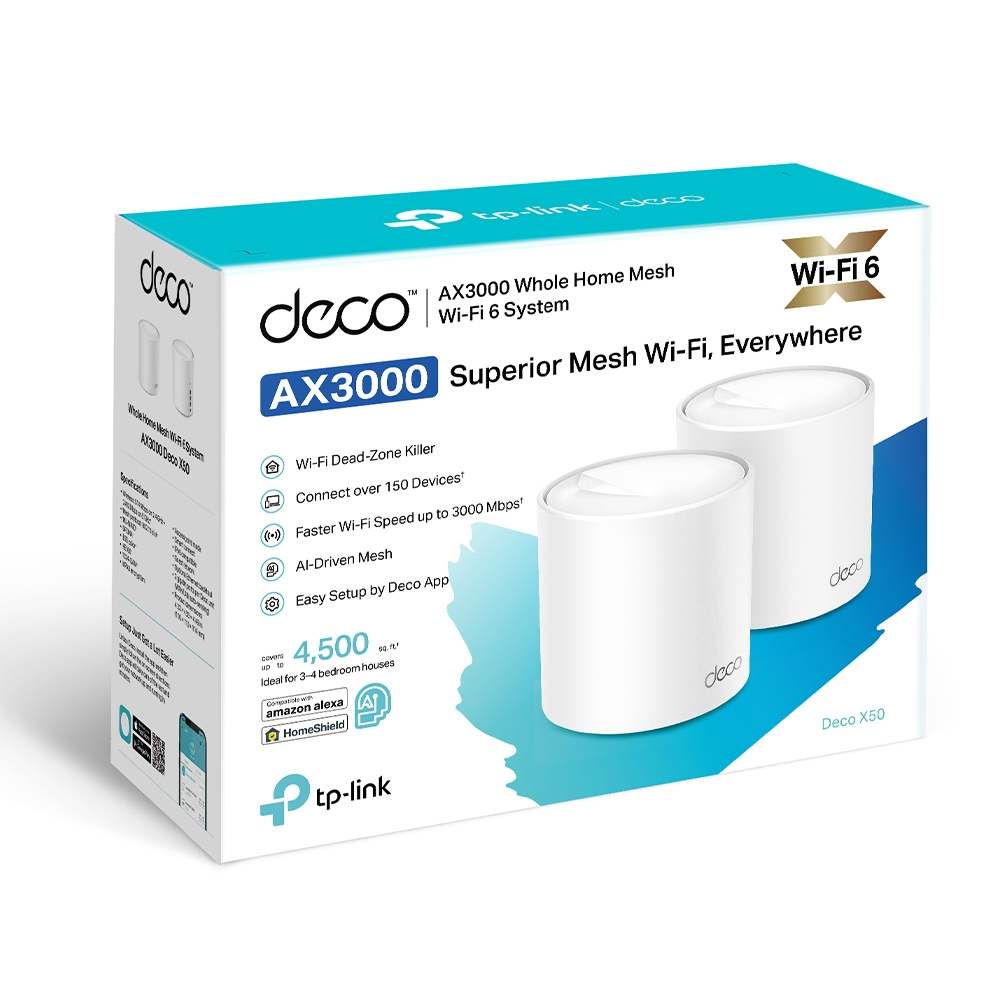 Box of a mesh Wi-Fi system. It is white with two Wi-Fi devices.