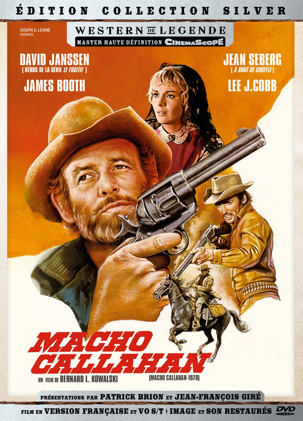 Movie poster. Cowboy holding gun, other cowboys on horses, woman looking up.