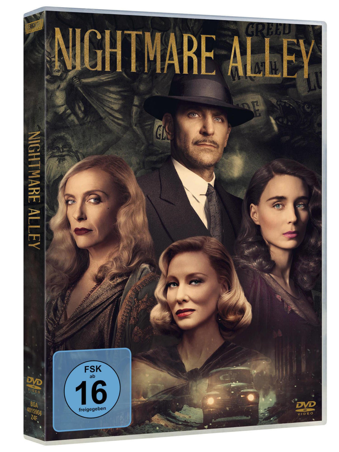 DVD-Cover von Nightmare Alley, mit Schauspielern in dunkler Umgebung. FSK 16+.