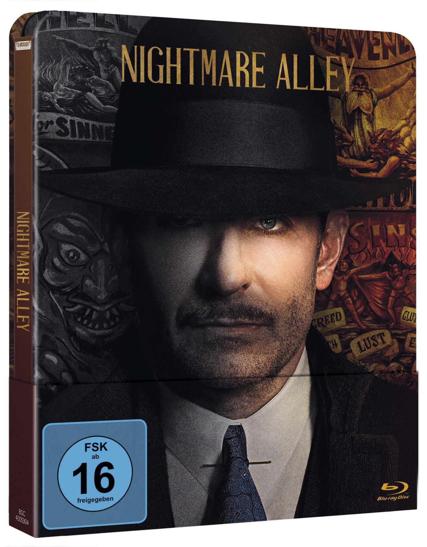 Ein Blu-ray-Box-Set für den Film 'Nightmare Alley' mit einem Mann in einem Fedora.
