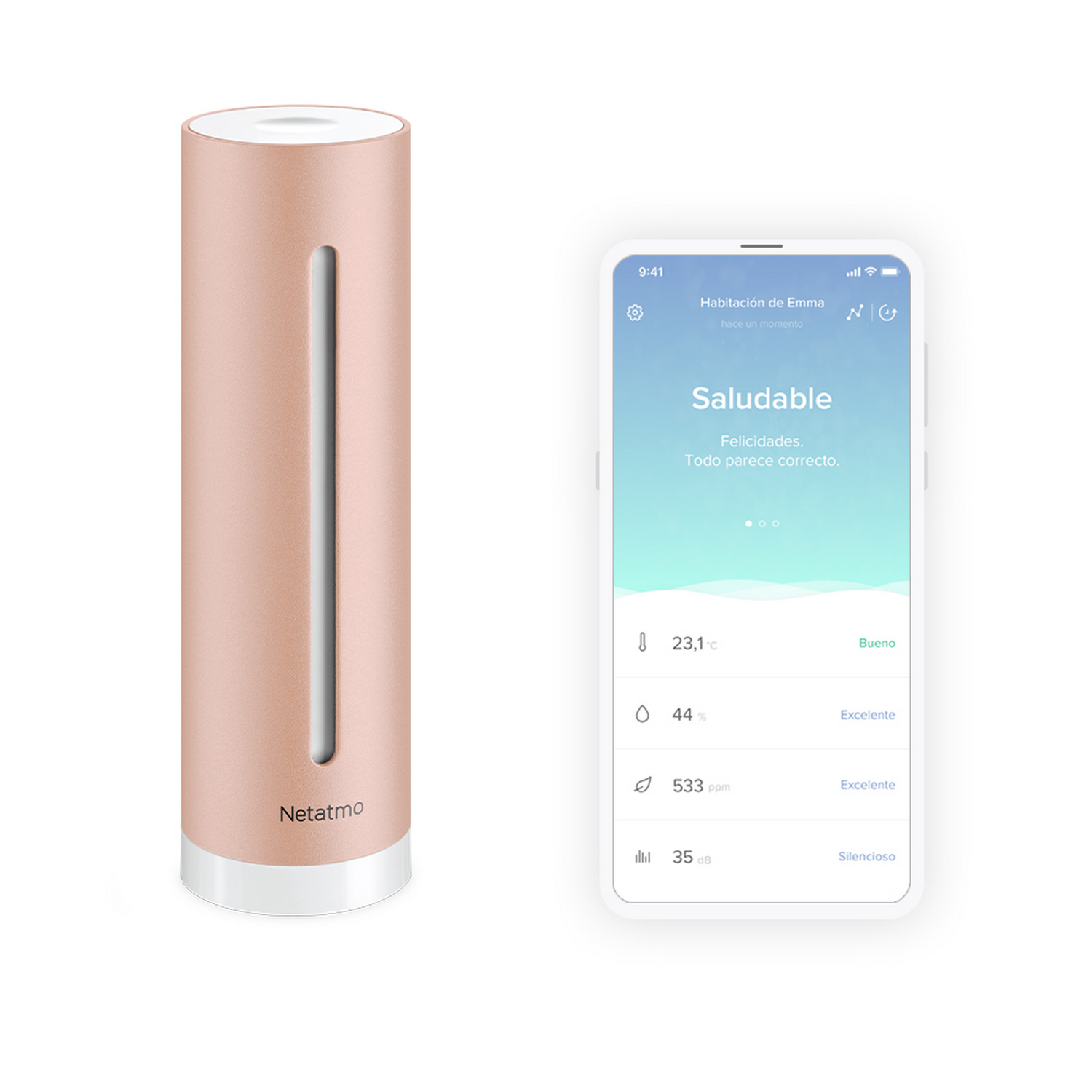Dispositivo de hogar inteligente y app. App muestra métricas de salud.