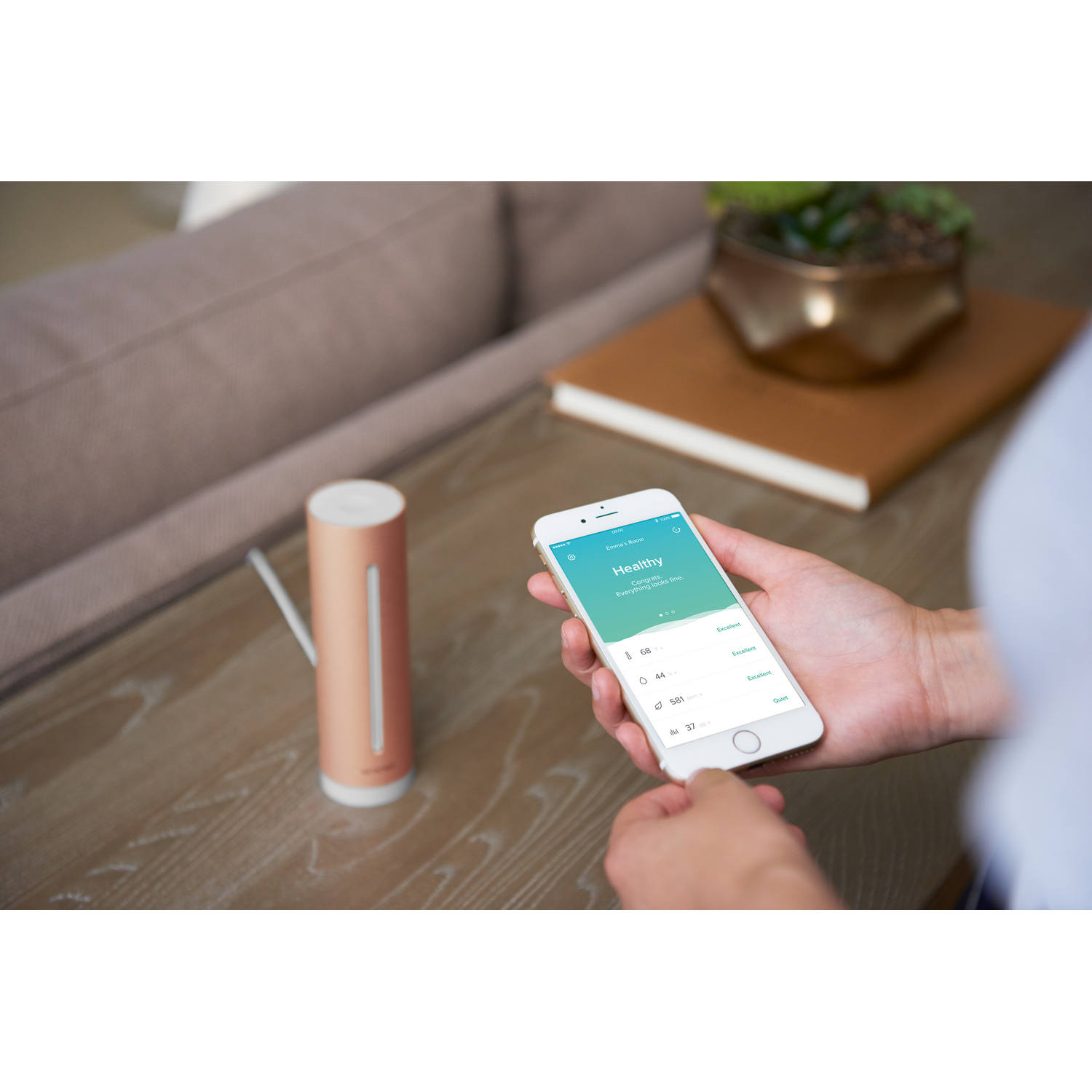 Persona sosteniendo smartphone con app 'Healthy'. Mesa de madera, plantas visibles.