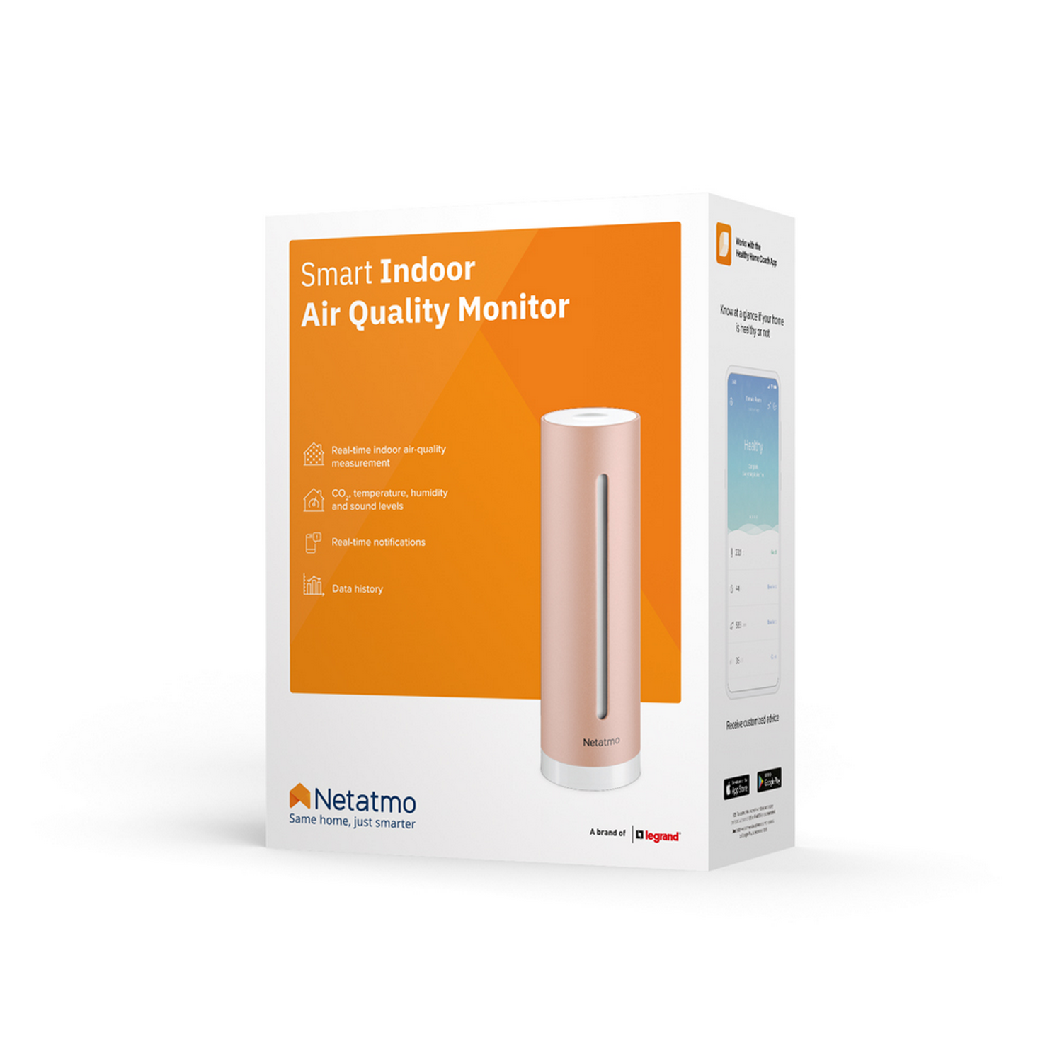 La caja muestra un monitor de calidad del aire, con características y la marca Netatmo.