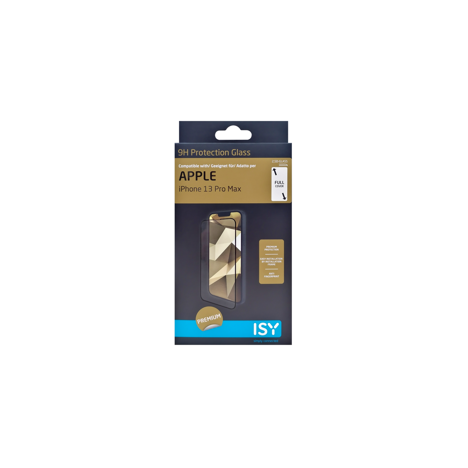 Una caja para el protector de pantalla del iPhone 13 Pro Max, con texto en el frente.