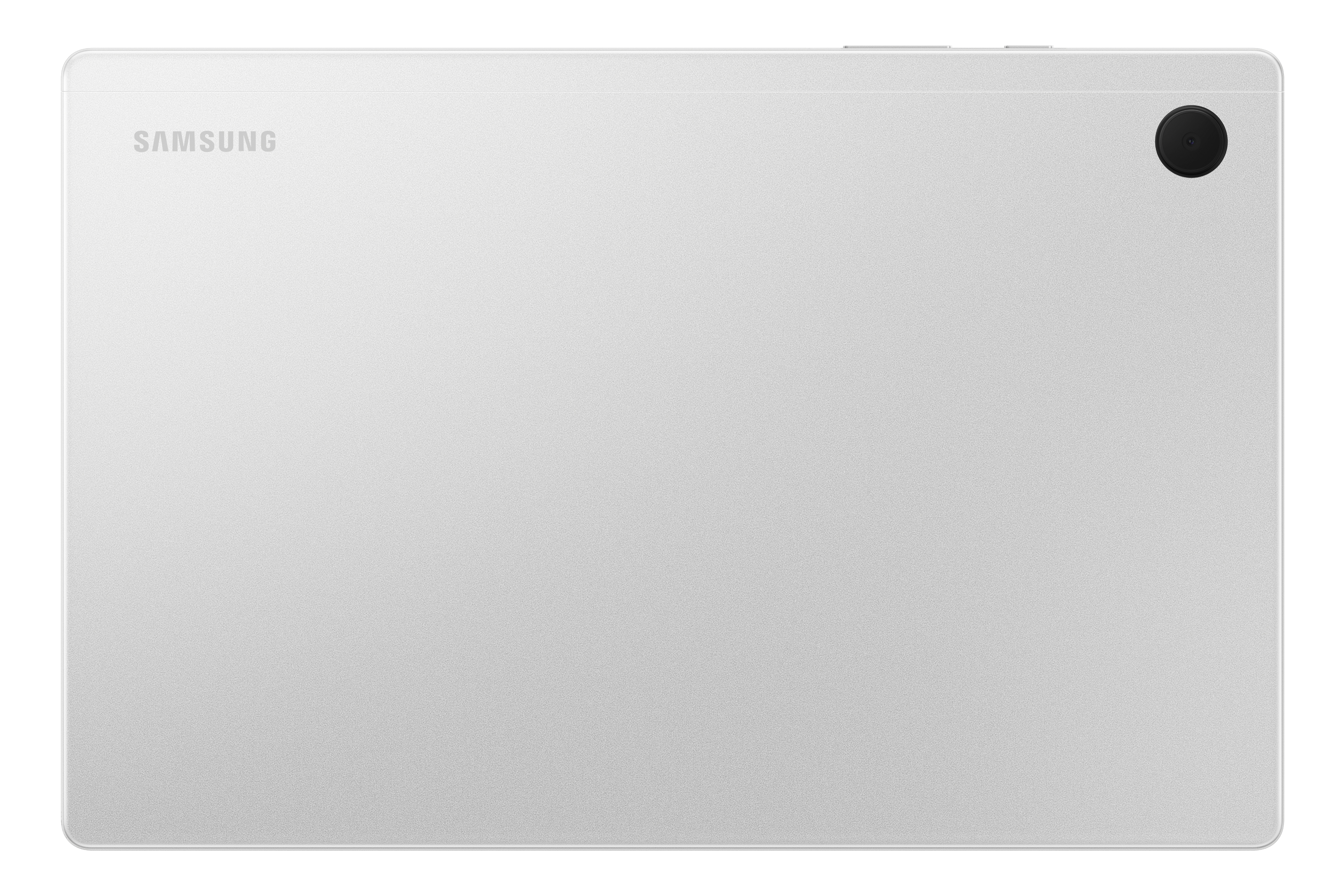 Samsung logosu olan beyaz bir tablet. Kamera merceği sağ üstte görülebilir.