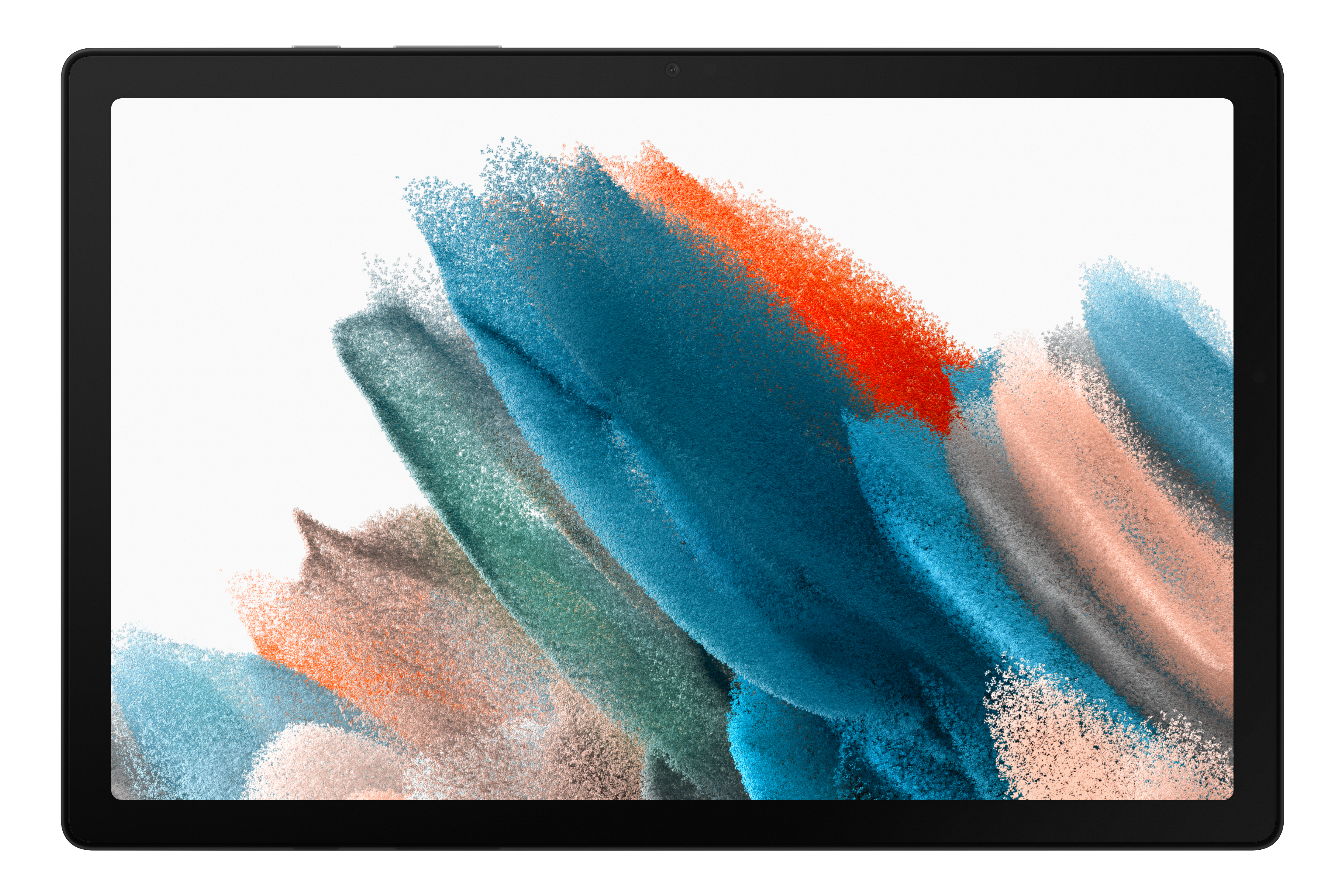 Ekranında renkli soyut bir görüntü bulunan siyah bir tablet. Arka plan beyaz.