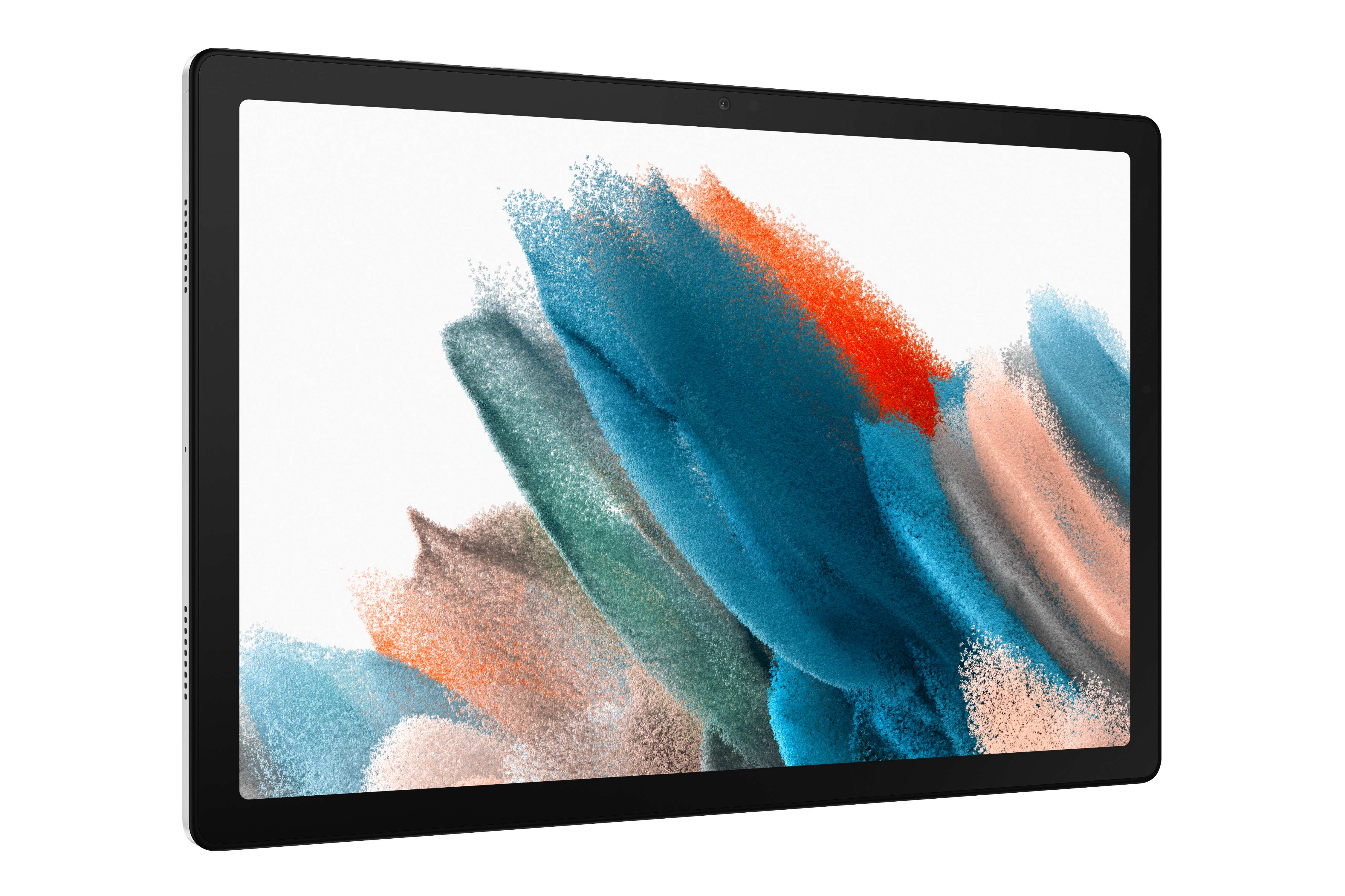 Siyah çerçeveli tablet, ekran renkli soyut sanat gösteriyor.