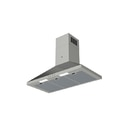 Een zilverzwarte afzuigkap, boven een kookplaat, met twee lampen en een ventilatieopening.
