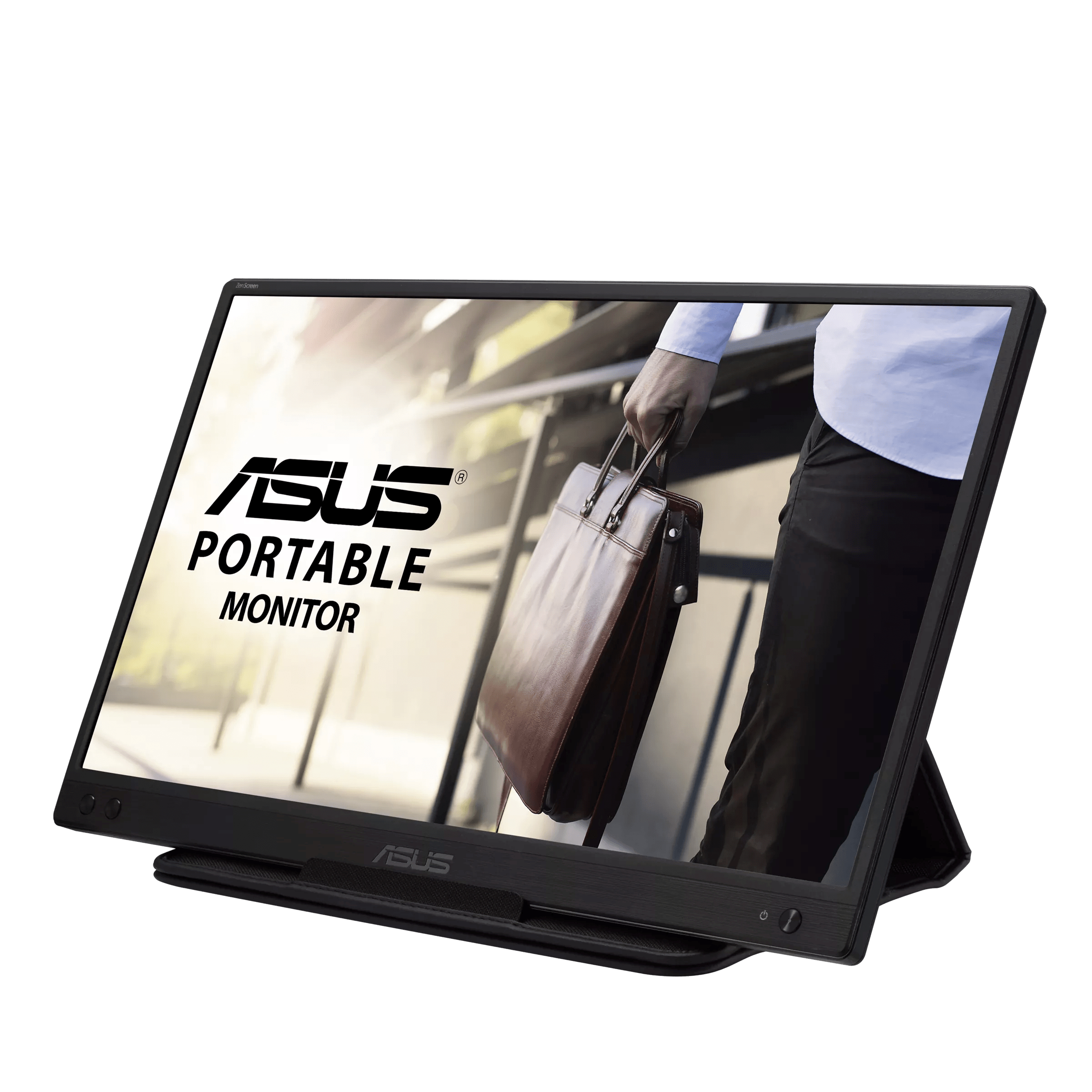 Schwarzer tragbarer ASUS Monitor mit Mann mit Aktentasche auf dem Bildschirm.