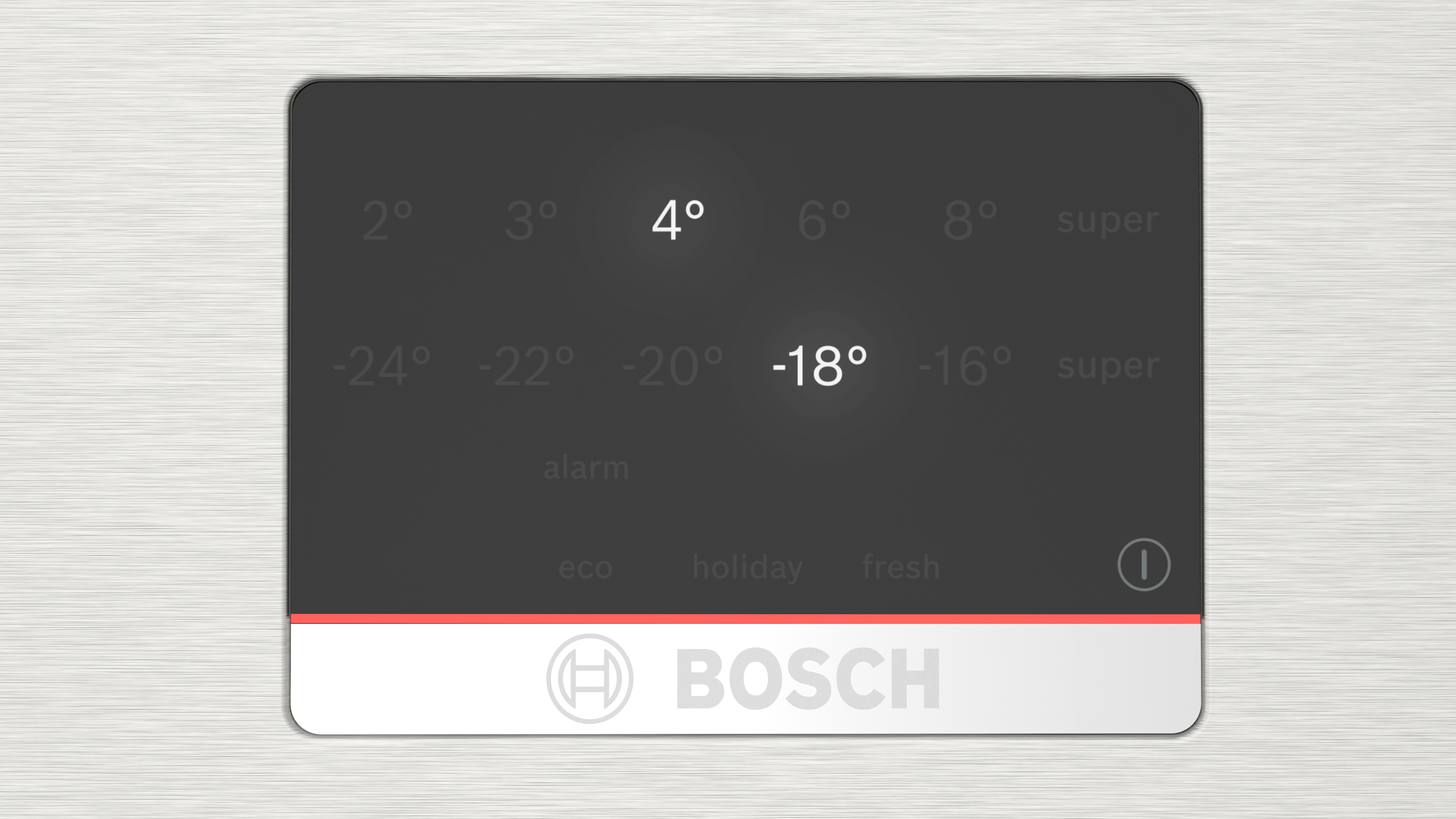 Kühlschrank-Display mit verschiedenen Temperaturen. Grauer Hintergrund. Schwarz-weißes Display. Bosch-Logo.