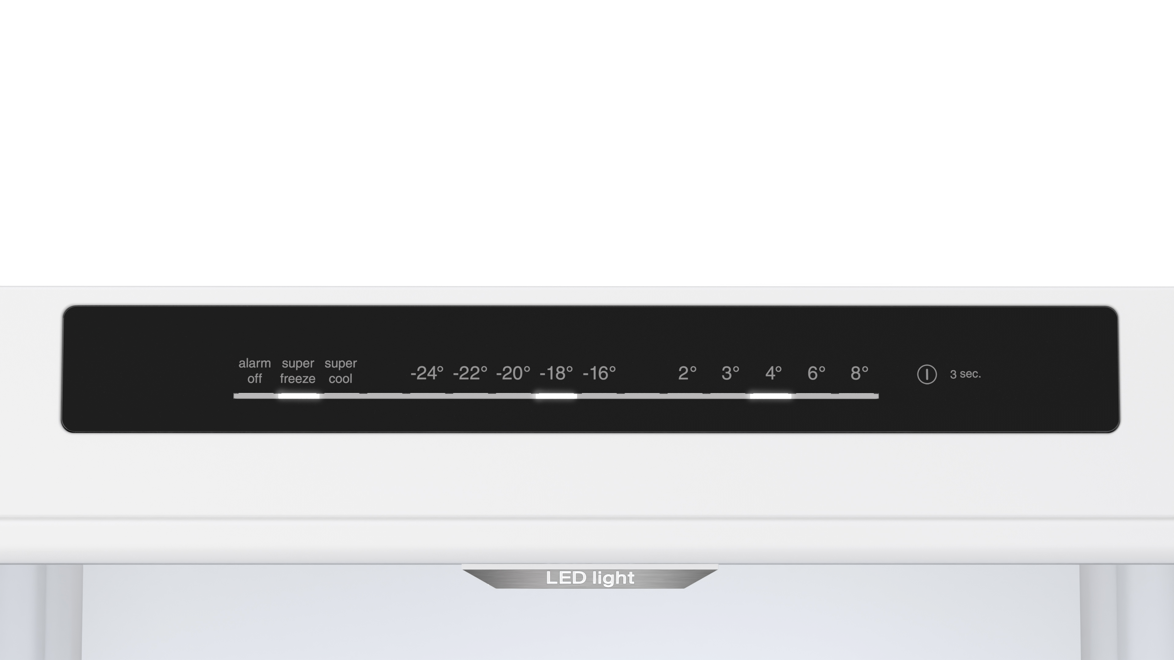 Kühlschrank-Bedienfeld mit Temperatureinstellungen und LED-Licht.