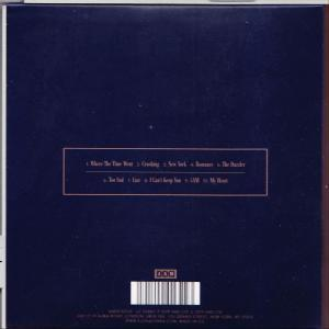Rückseite einer CD-Hülle mit Titelliste und kleinem Text. Blauer Hintergrund.