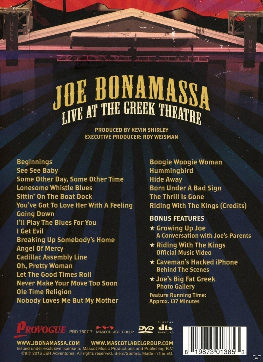DVD borító. Joe Bonamassa Live a görög színházban. A számlista és a bónusz funkciók láthatók.