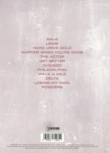 Album-Trackliste auf strukturiertem rosa Hintergrund mit Barcode und Logo.