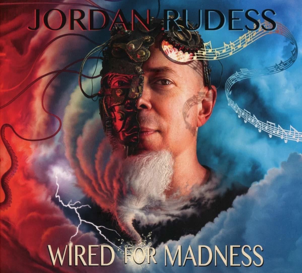 Albumcover mit einem Männergesicht, abstrakter Kunst und dem Titel "Wired for Madness".