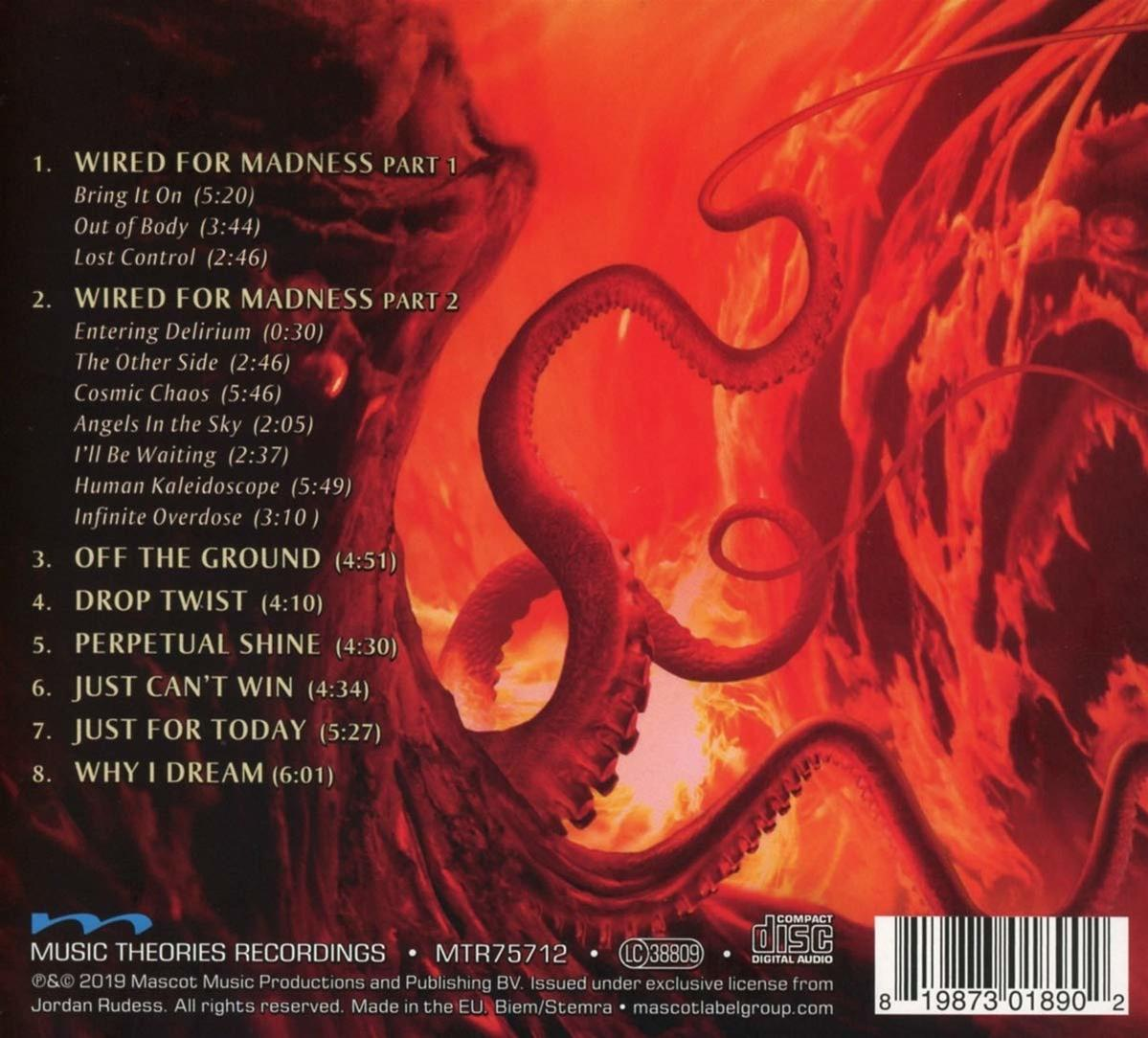 CD-Cover mit Titelliste. Rote, orange und schwarze abstrakte Kunst. Text in Weiß. Musiklabel-Logo.