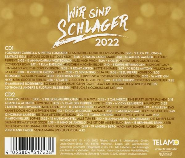 CD-Cover mit dem Text 'Wir sind Schlager 2022' und Trackliste. Weißer Hintergrund.