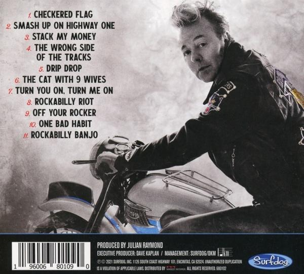 Albumcover eines Mannes, der Motorrad fährt. Text auf der Seite des Albums.