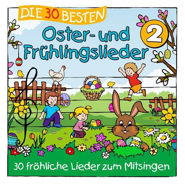 Cover-Art. Kinder feiern Ostern. Eier, Hasen und Blumen.