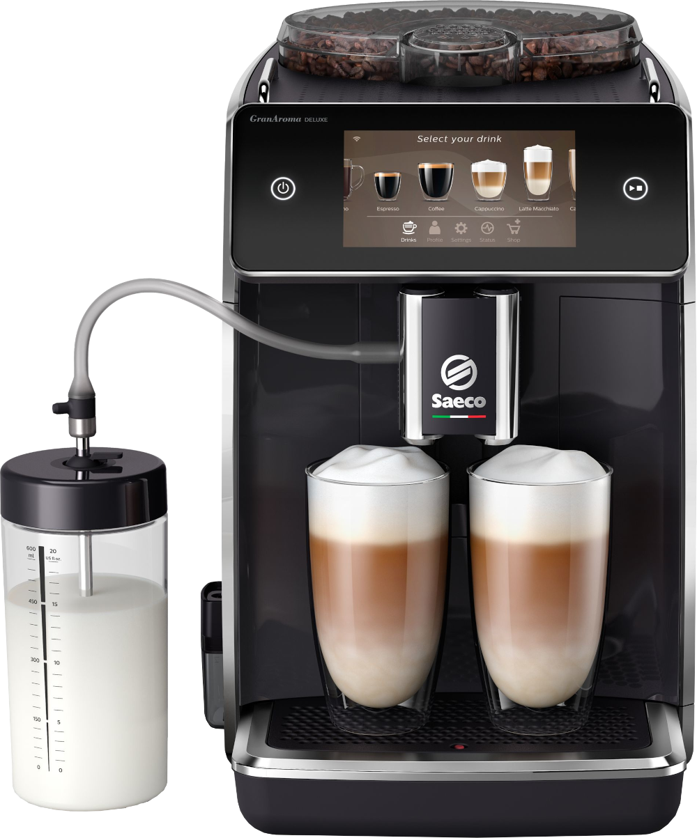 Machine à café Saeco noire avec deux verres de latte macchiato, un récipient à lait et écran tactile.